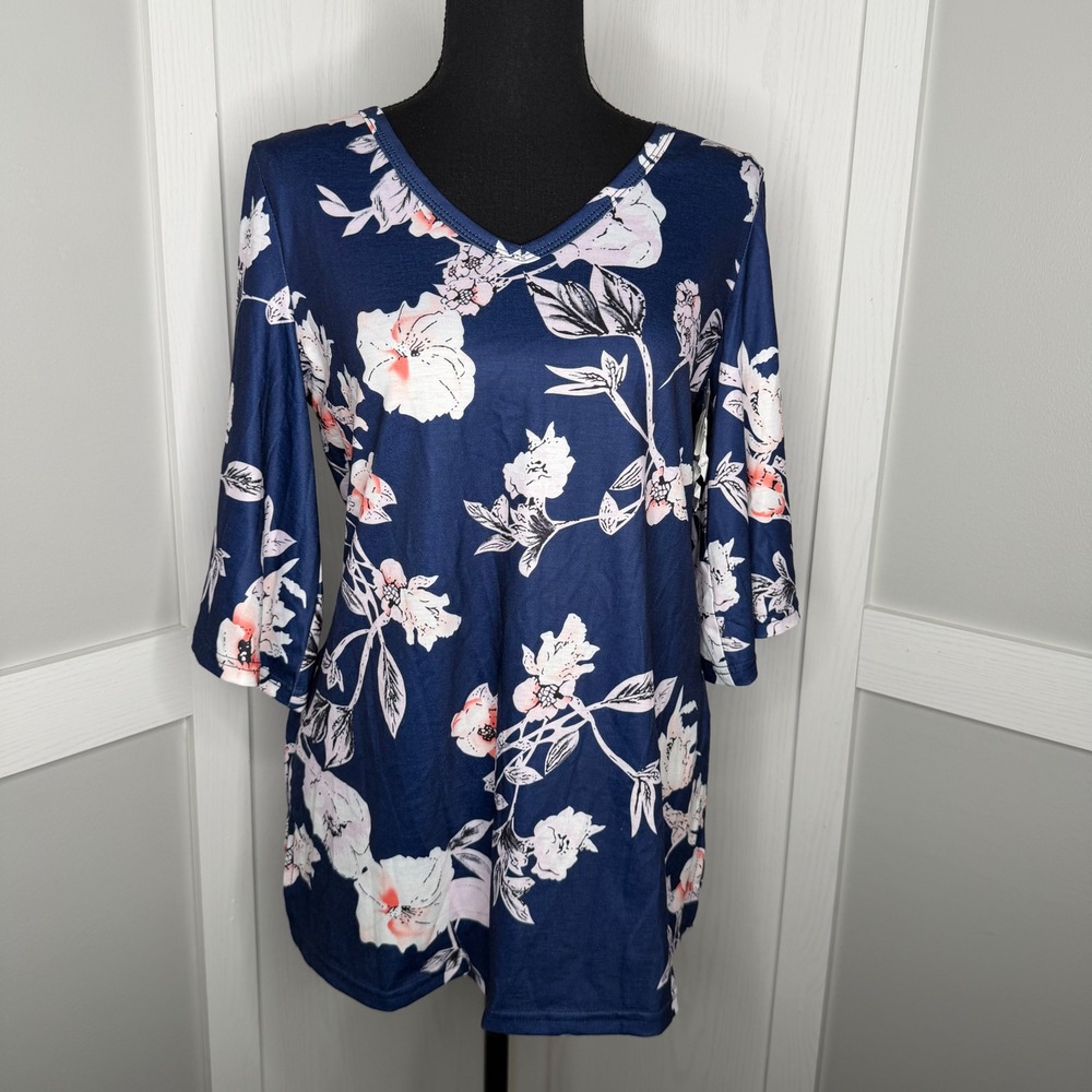 Yesfashion Floral Blouse Women Medium Blue V-Neck Bell Sleeve Stretch Top
